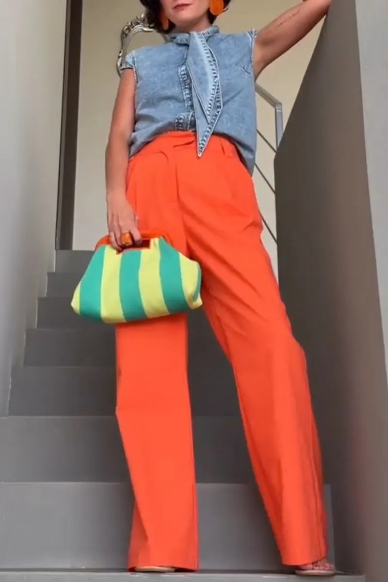 Women's Patchwork Tie Washed Denim Top or Solid Color Wide Leg Pants