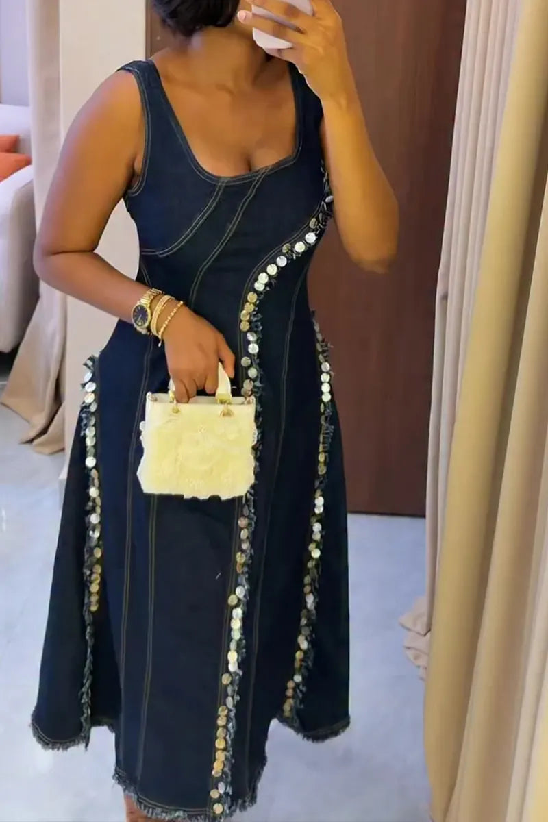 Women's Casual Sequin Decoration Patchwork Denim Midi Dress