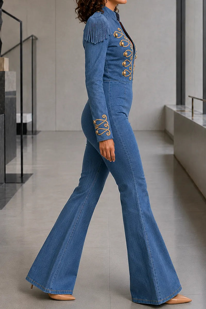 Women's Vintage Military Style Denim Jumpsuit Deep V-Neck Long Sleeve High Waist Slim Fit Flared Leg One Piece Outfit