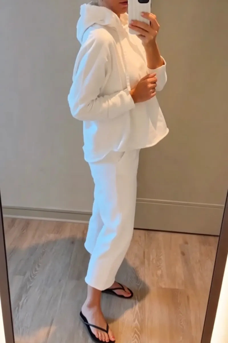 Women's Round Neck Hooded Top+ Pants Solid Color Casual Suit