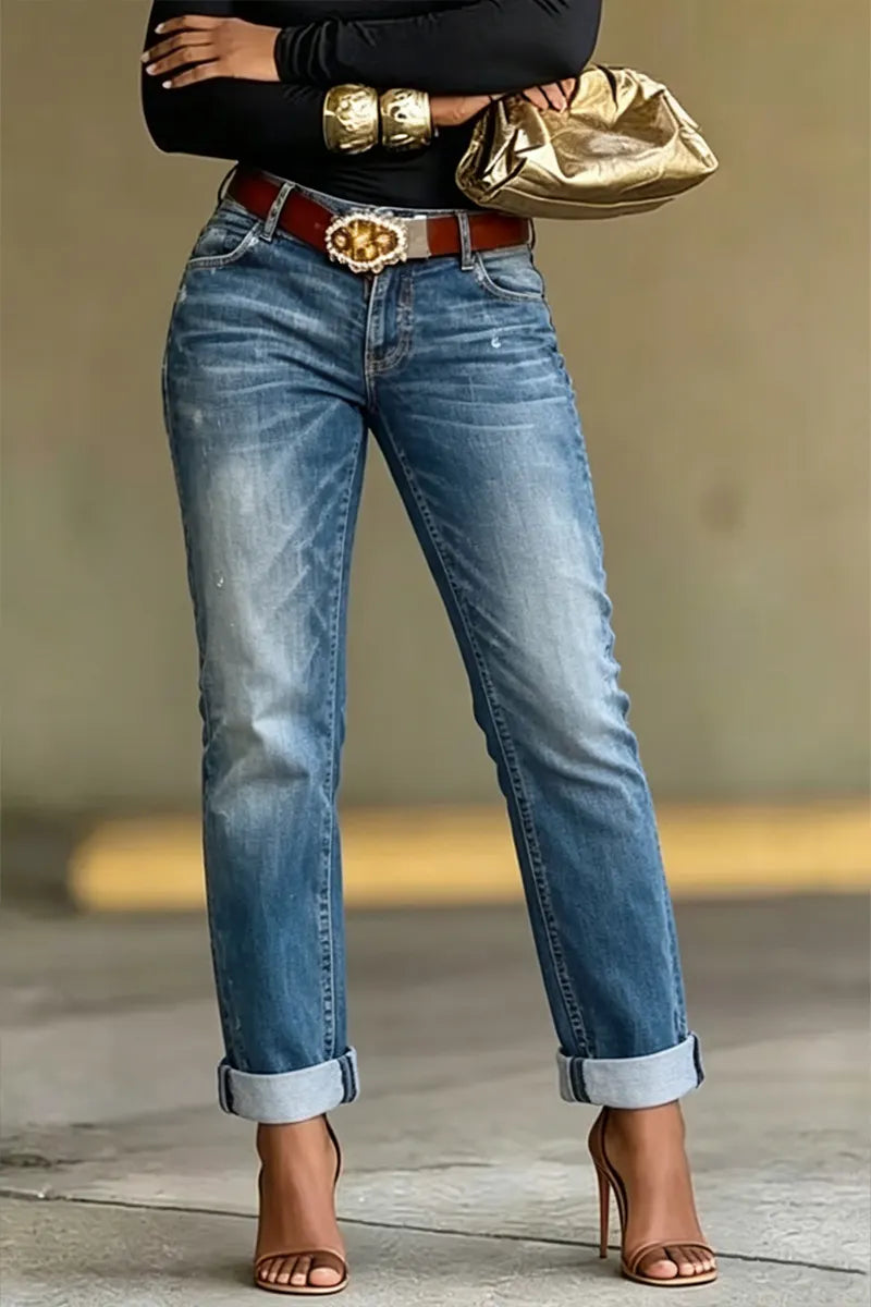 Women's Casual Distressed Wash Straight-Leg Jeans