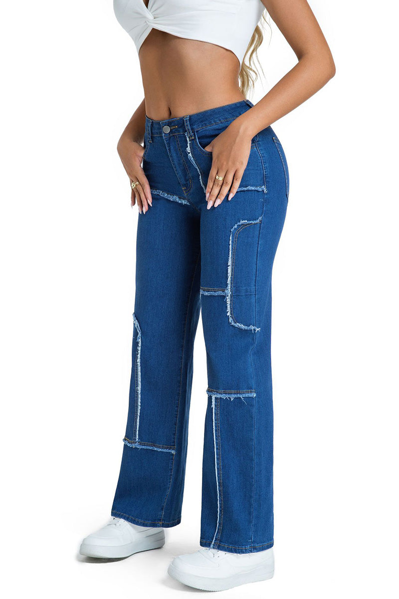 Casual Stretch Panel Raw Hem Wide Leg Jeans