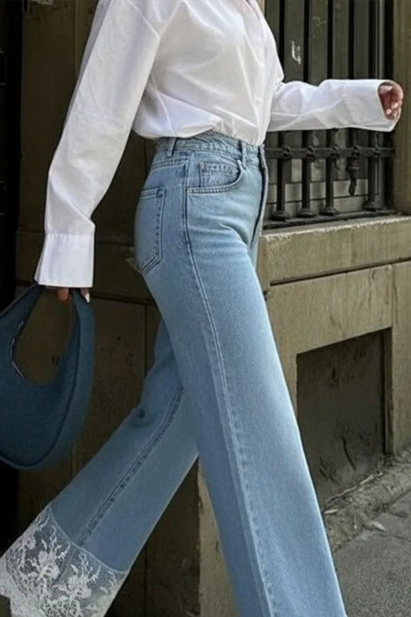 Ladies' Fashionable Casual Patchwork Lace Straight Leg Jeans