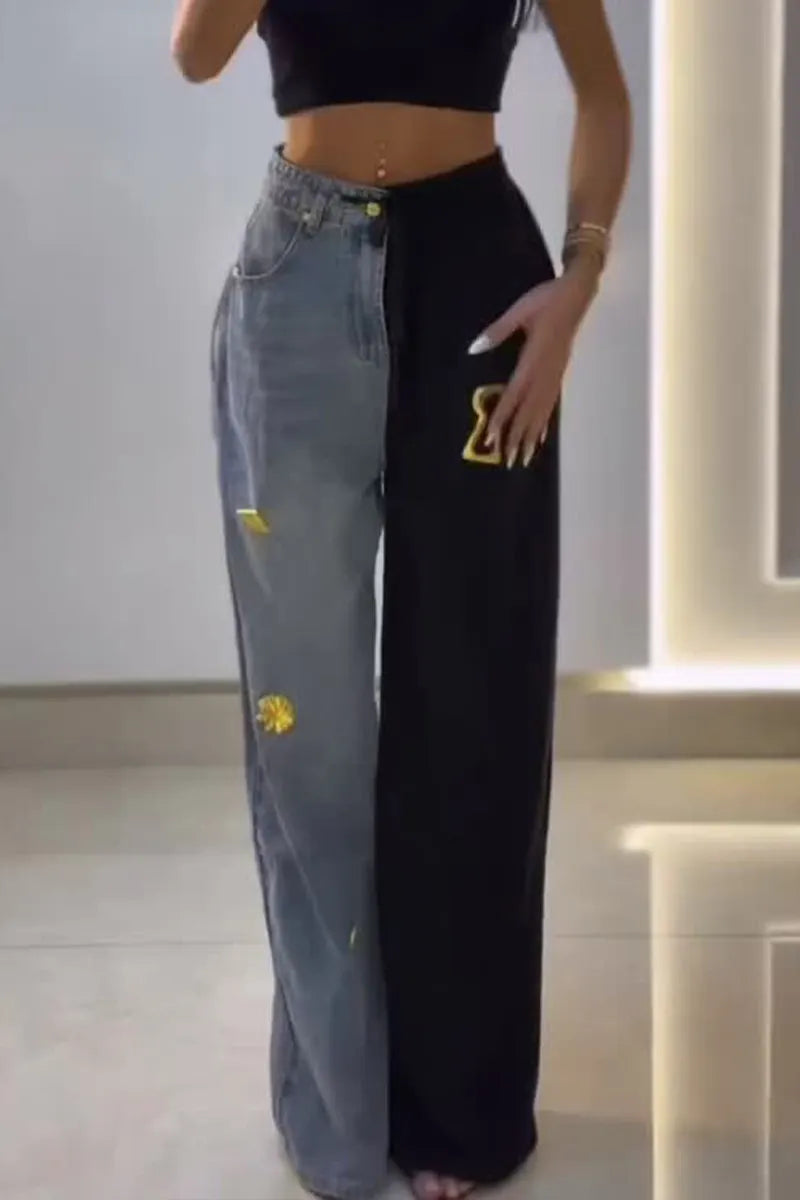 Women'sHalf Denim Half Black Contrast Sunflower Embroidery Wide Leg Pants Or Basic Sleeveless Figure Logo Crop Tank For Women