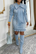 Women's Casual Rhinestone Bow Denim Dress