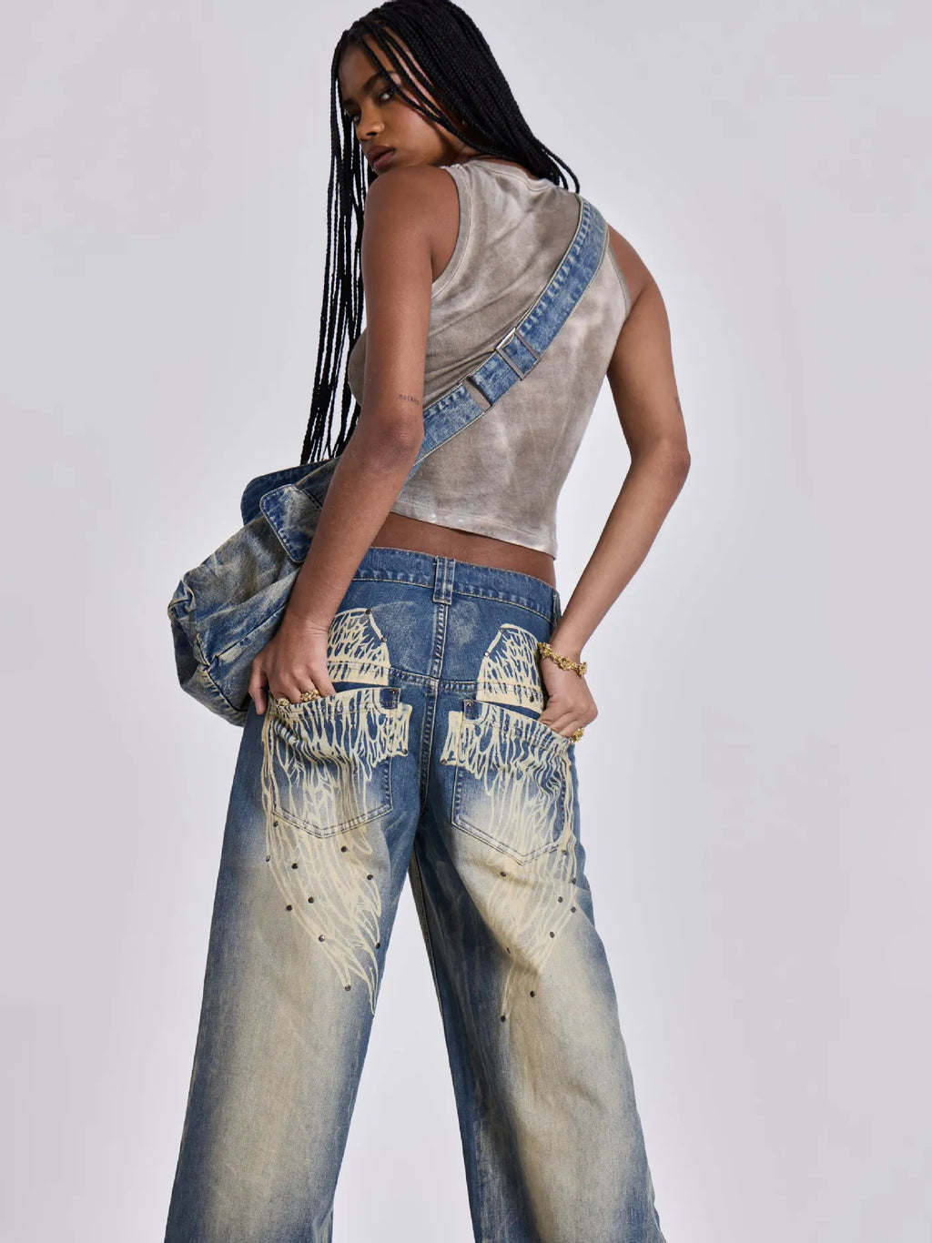 Vintage Distressed Ombre Wing Print Wide Leg Jeans