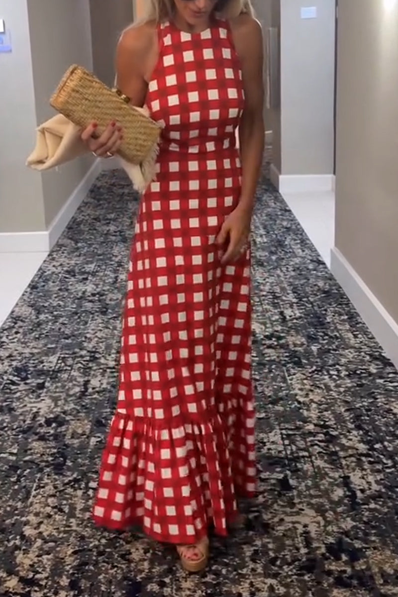 Women's Neck Hanging Patchwork Plaid Print Elegant Casual Dress
