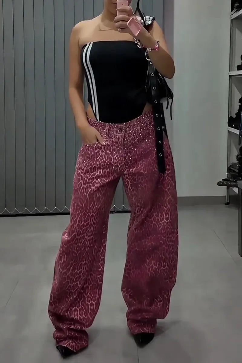 Women's Fashion Leopard Print Shiny Rhinestone Wide Leg Jeans