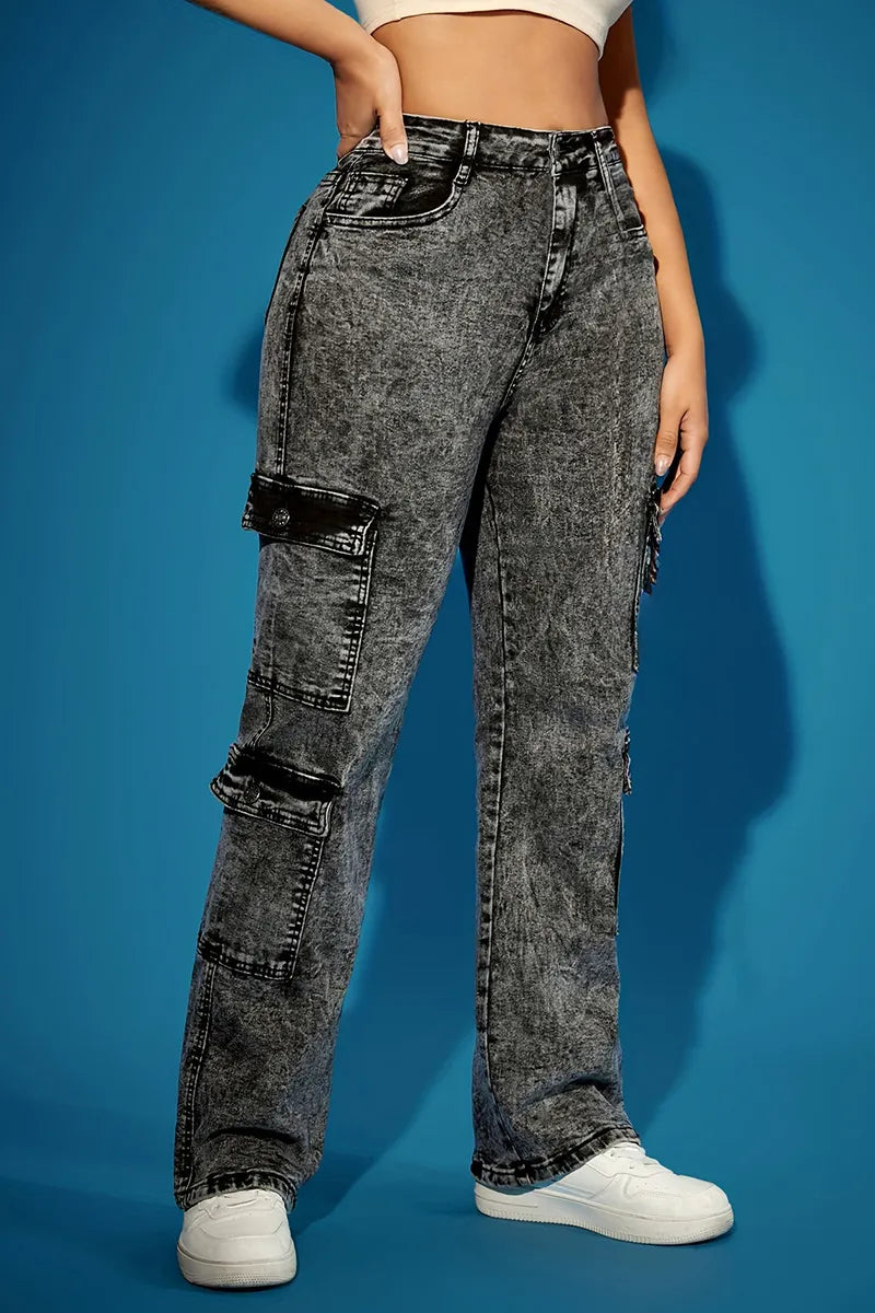 Trendy Oversized Baggy Pocket Detail Jeans
