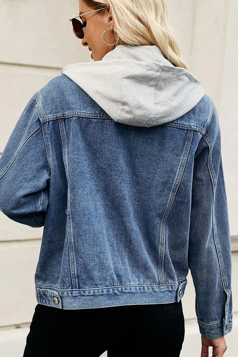 Casual Detachable Hood Short Bleach Wash Denim Jacket