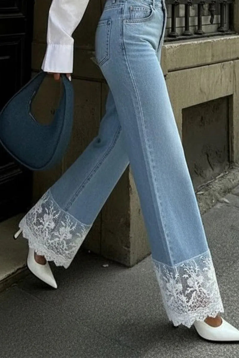 Ladies' Fashionable Casual Patchwork Lace Straight Leg Jeans