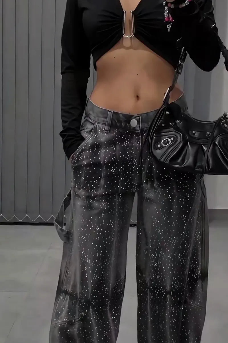 Women's Casual Rhinestone Decoration Wash Wide Leg Jeans