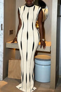 Women's Optical Illusion Bodycon Maxi Dress Crewneck Sleeveless Slimming Evening Gown