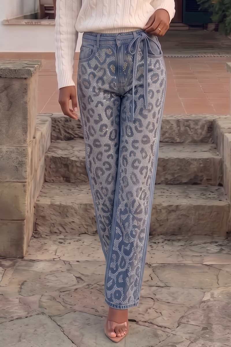 Women's High Rise Leopard Print Straight Leg Jeans with Belt Washed Casual Denim Trousers