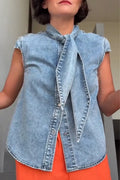 Women's Patchwork Tie Washed Denim Top or Solid Color Wide Leg Pants