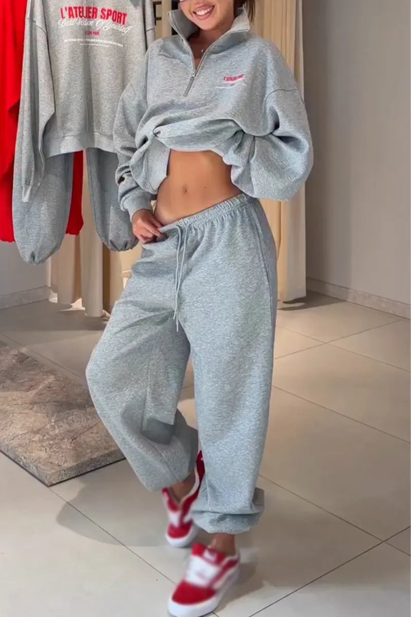 Women's Collar Half Zip Weatshirt + Pants Casual Suit