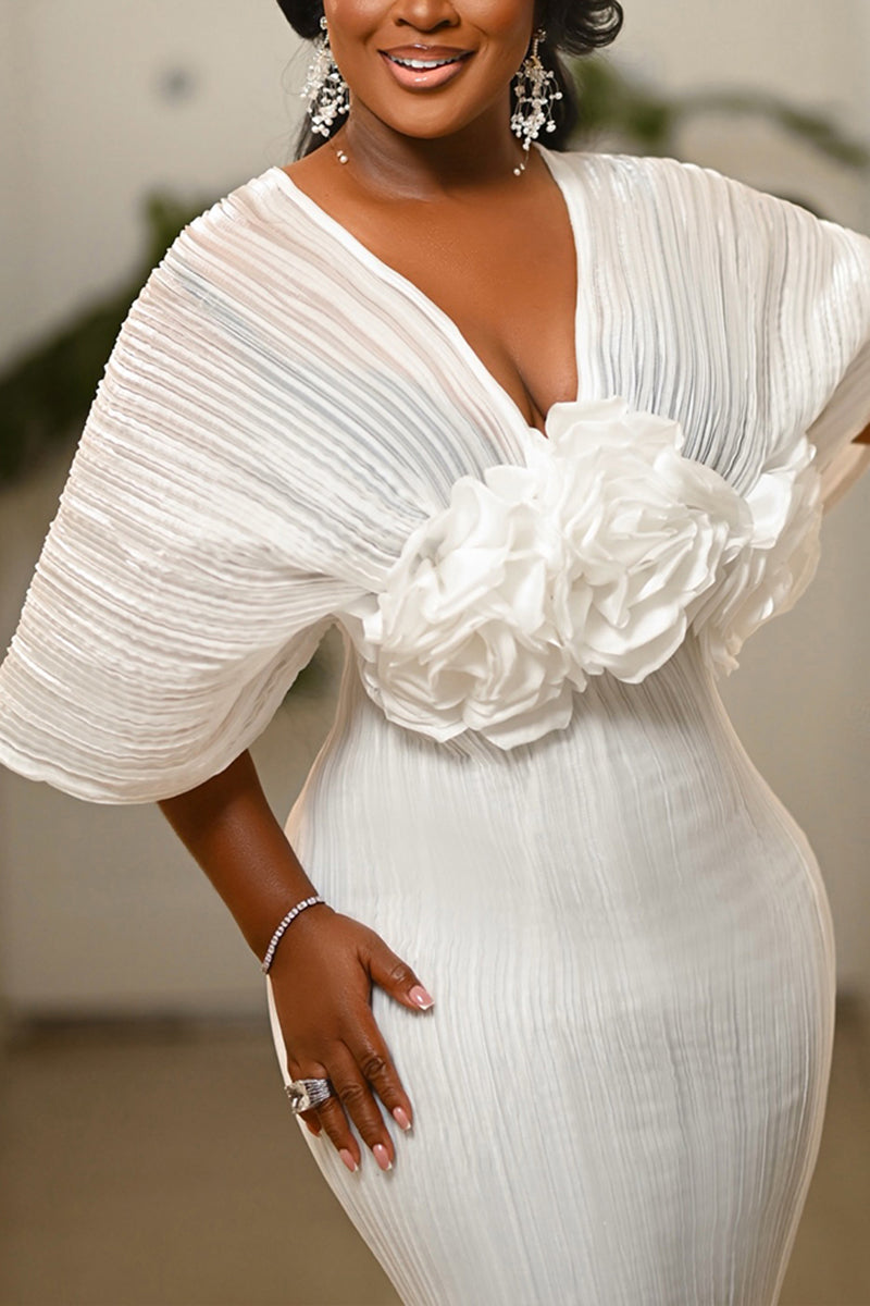 Women's Elegant Pleated Flower Decoration Maxi Dress