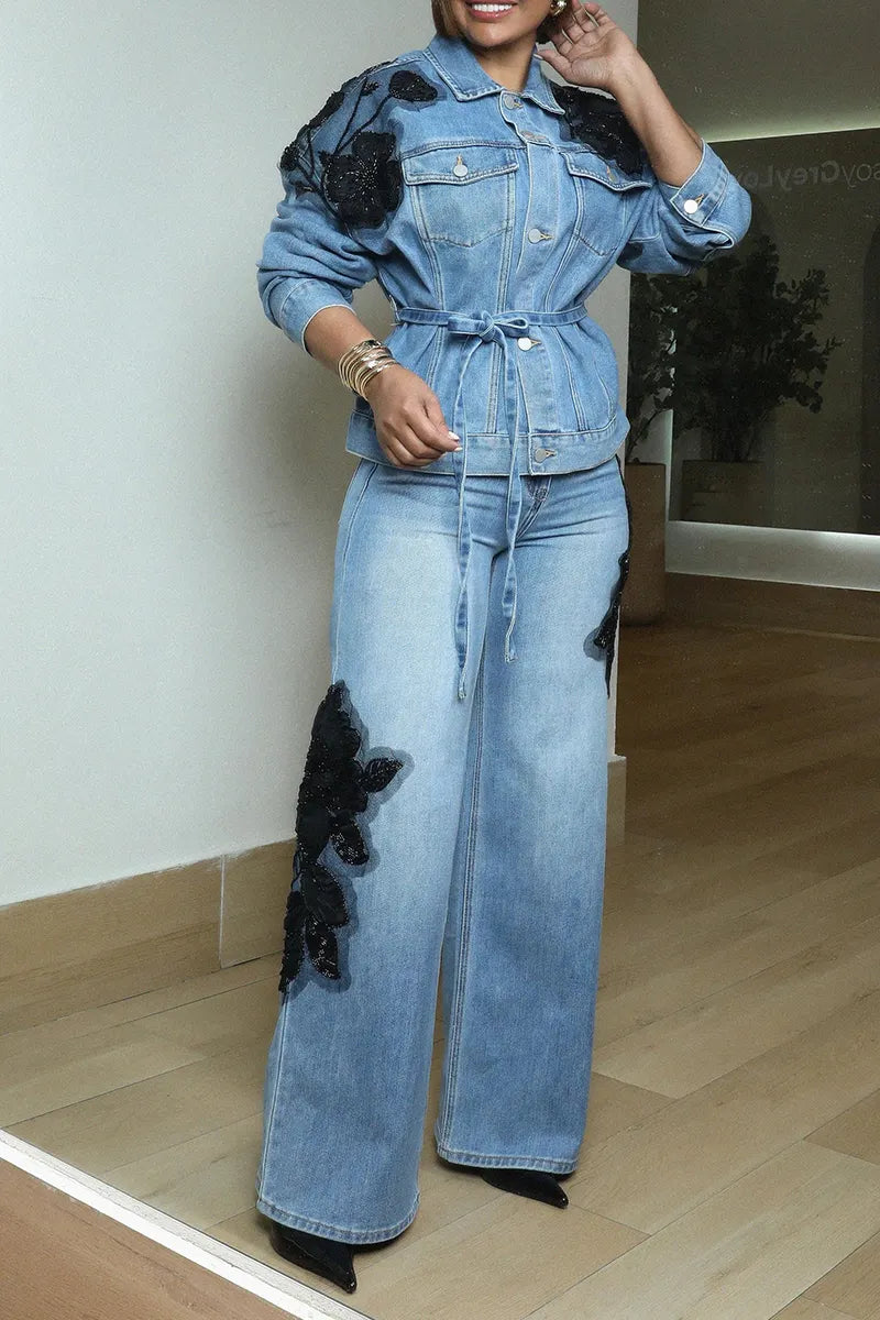 Women's Fashion Flower Patch Decoration Denim Jacket or Jeans