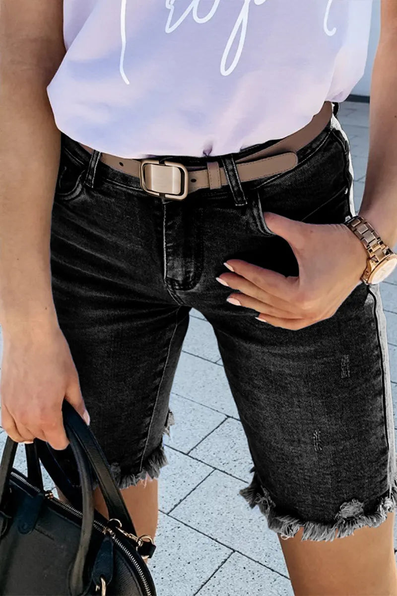 Women's Casual Raw Hem Fringe Ripped Denim Shorts