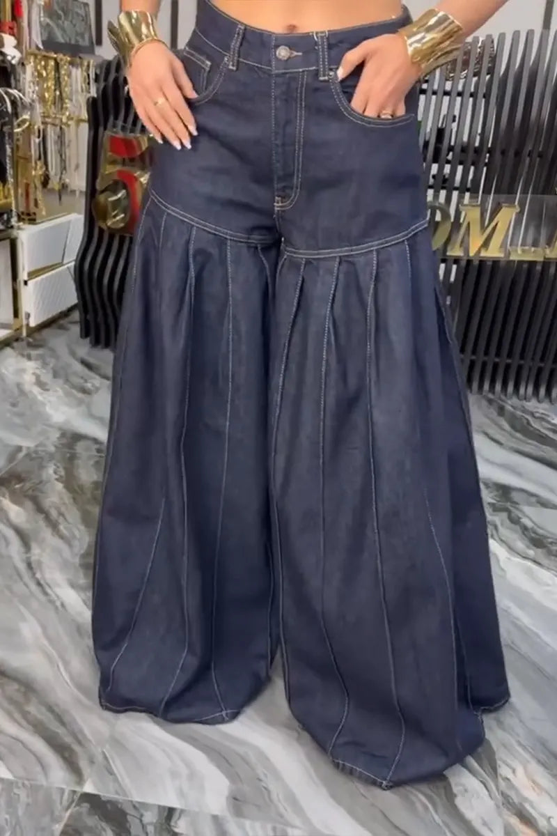 Women's Casual Pleated Loose Wide Leg Jeans