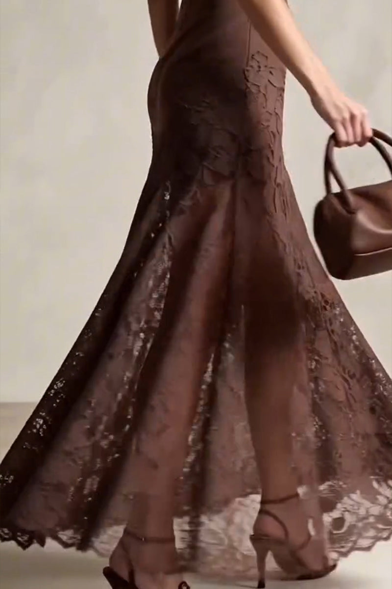 Women's Elegant Crew Neck Lace Patchwork A-Line Dress