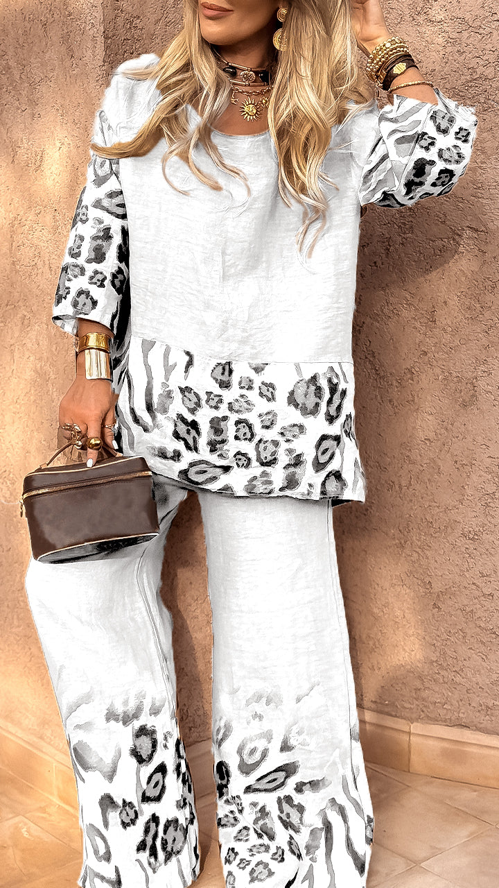 Women's Round Neck Leopard Print Cotton and Linen Casual Suit