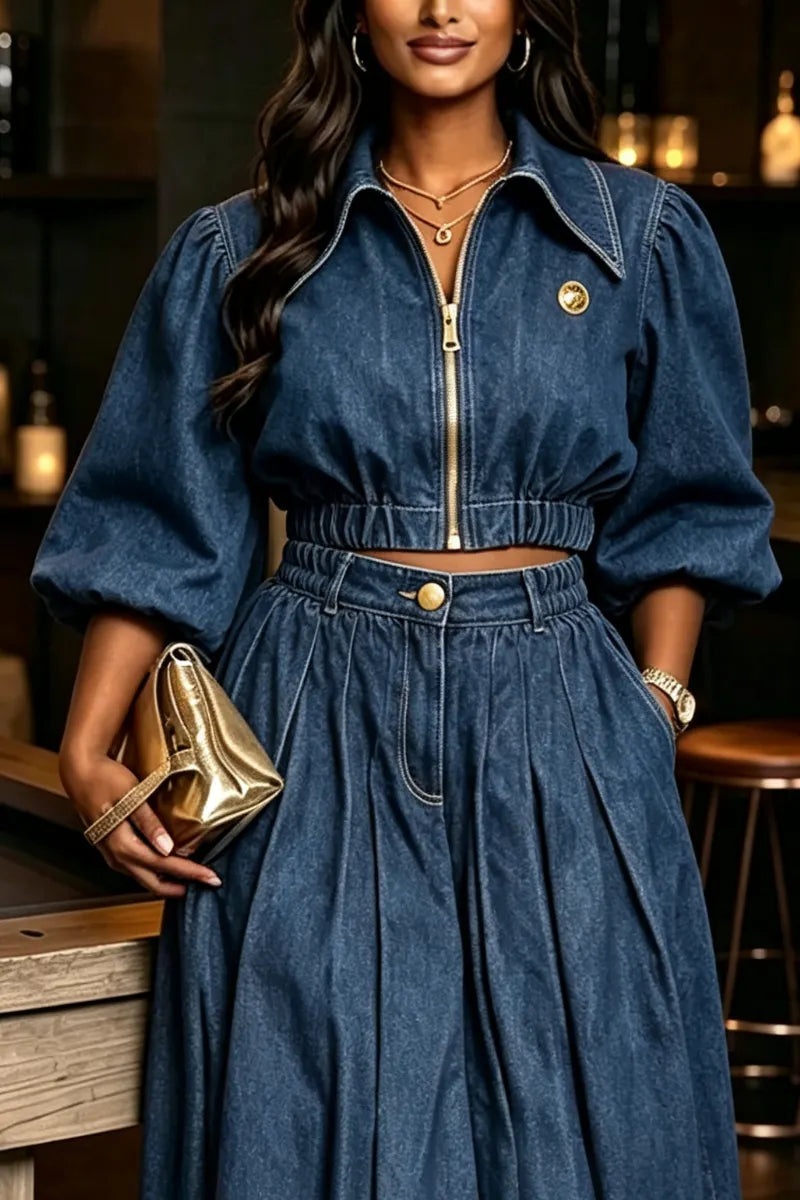 Women's Casual Collar Denim Short Jacket or Denim Half Skirt
