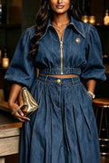 Women's Casual Collar Denim Short Jacket or Denim Half Skirt