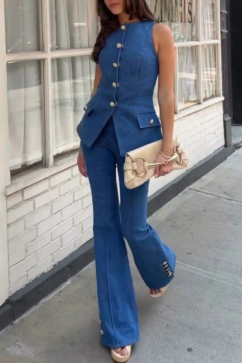Women's Temperament Casual Round Neck Sleeveless Breasted Denim Top or Jeans
