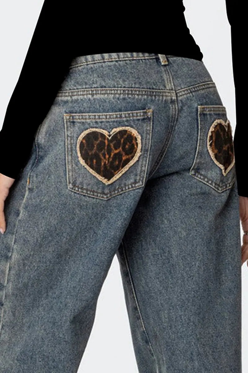 Women's Heart-themed leopard pattern Low-Rise Jeans