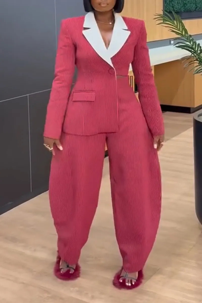 Women's Fashion Color Block Lapel Asymmetric Blazer or Curved Pants