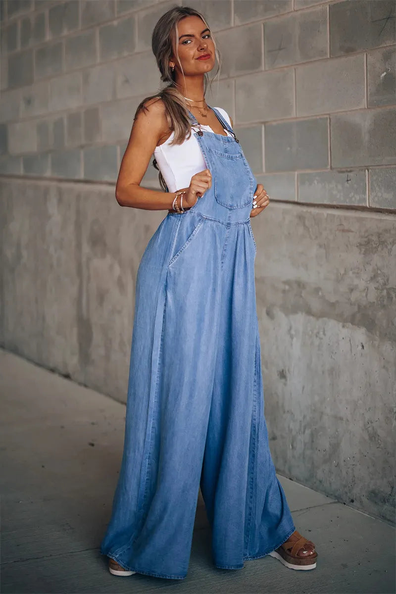 Women's Loose Fit Side Pocket Sleeveless Denim Overalls