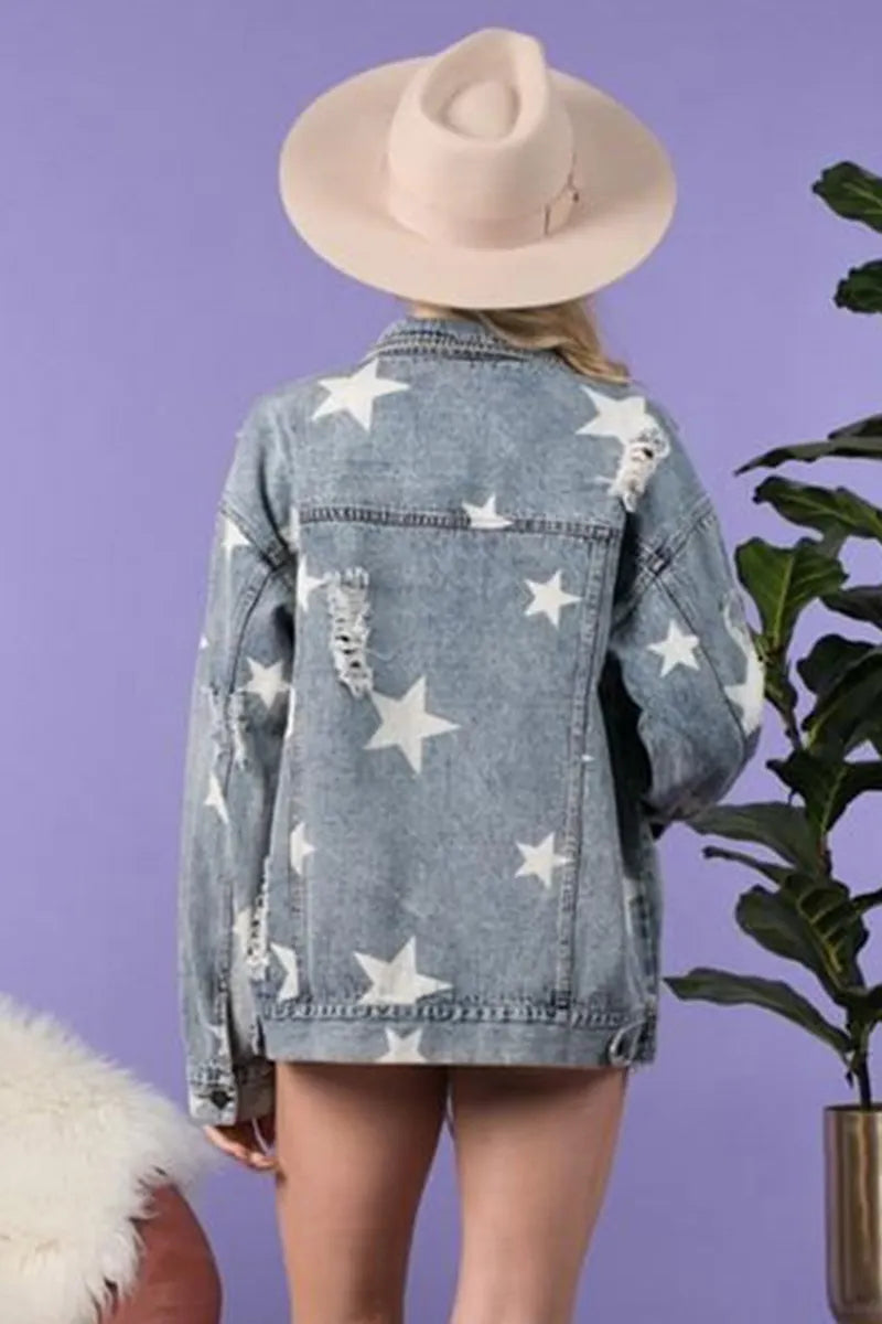 Casual Star Pattern Ripped Washed Denim Jacket