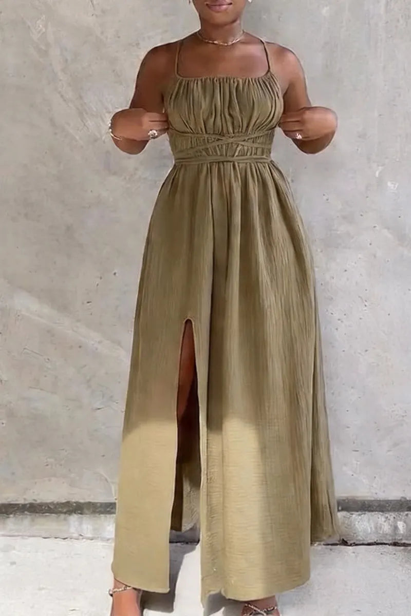 Women's Resort Drawstring Pleated Open Back Dress