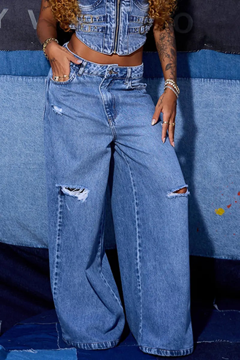 Women's Fashion Halter Denim Vest or Ripped Jeans
