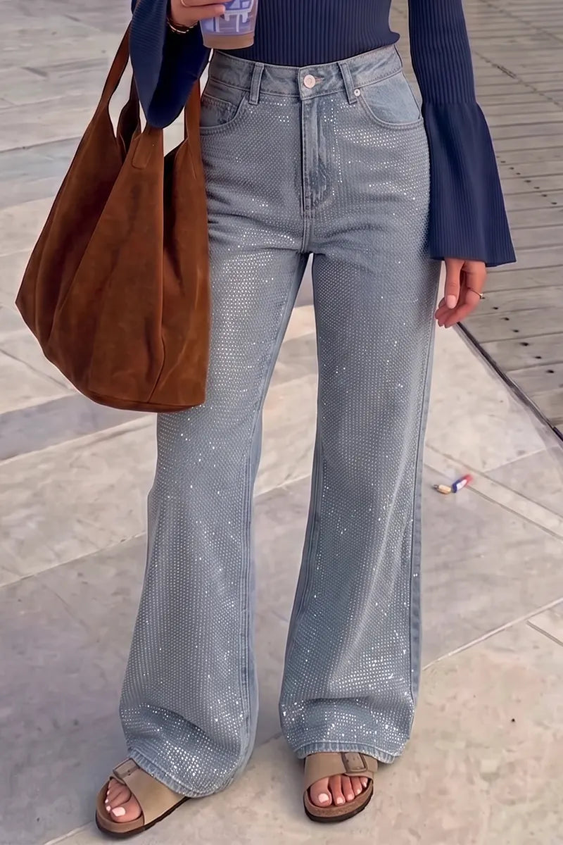 Women's Sparkle Rhinestone Wide Leg Jeans High Waisted Light Wash Bling Denim Trousers