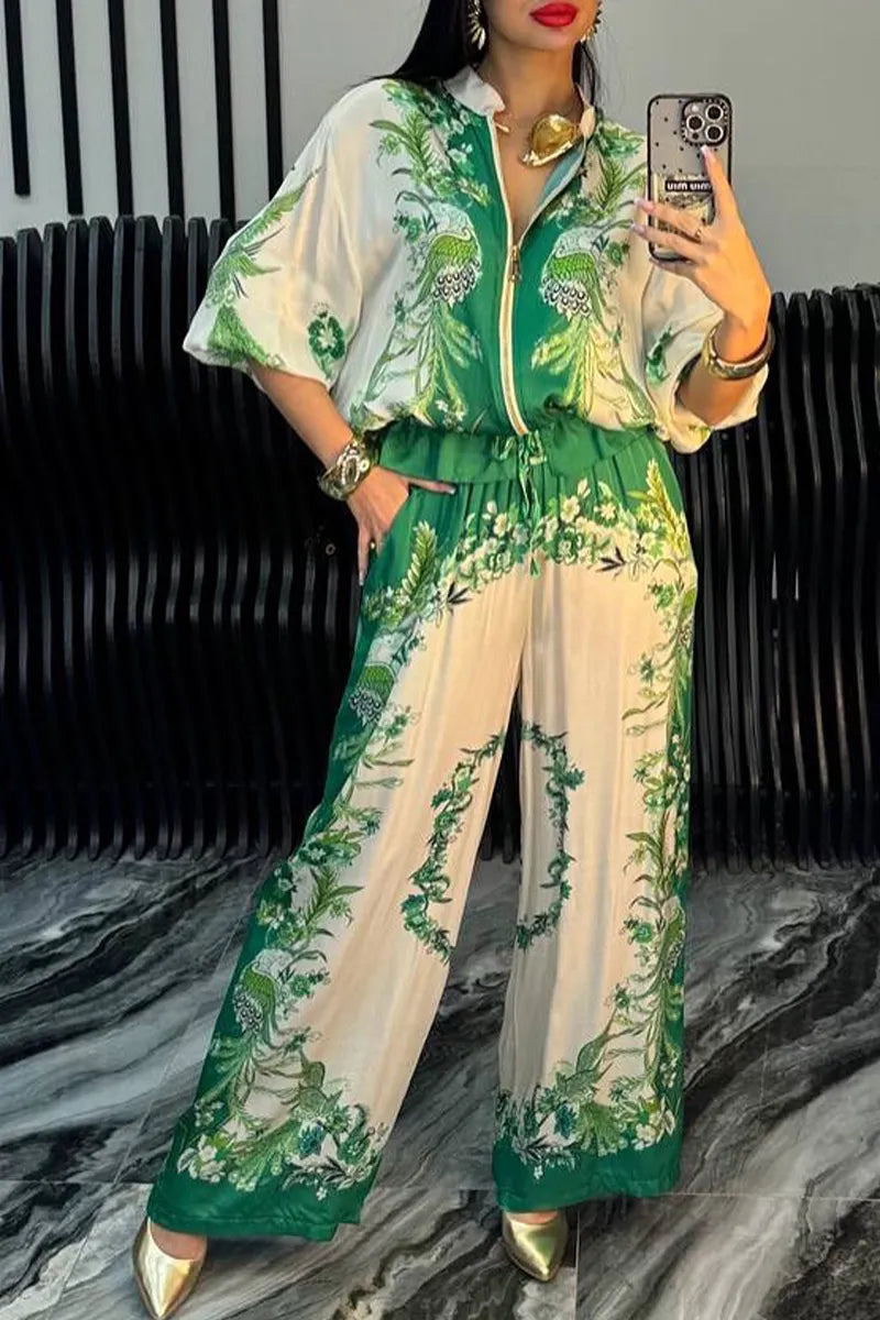 Women's Satin Zipper Printed Casual Suit