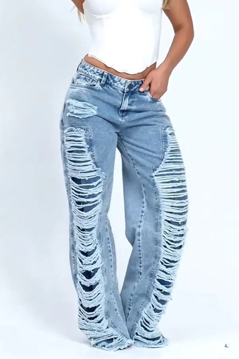Women's Fashion Wash Ripped Decoration Wide Leg Jeans