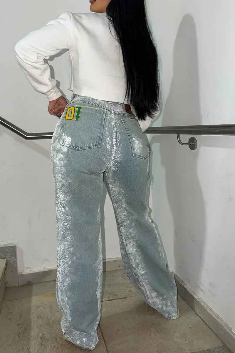 Women Acid Washed Bleach Spotted Distressed Ripped Brazil Graphic Wide Leg Jeans