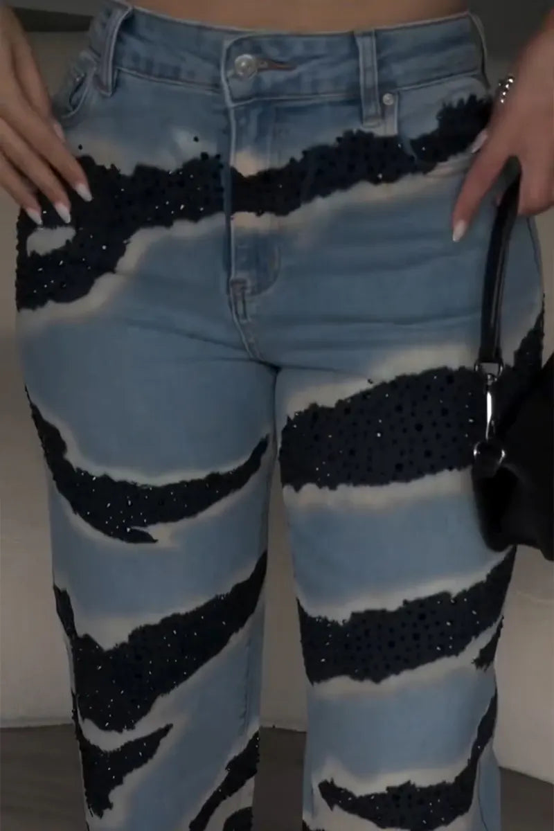 Women's Fashion Pattern Rhinestone Decoration Wide Leg Jeans