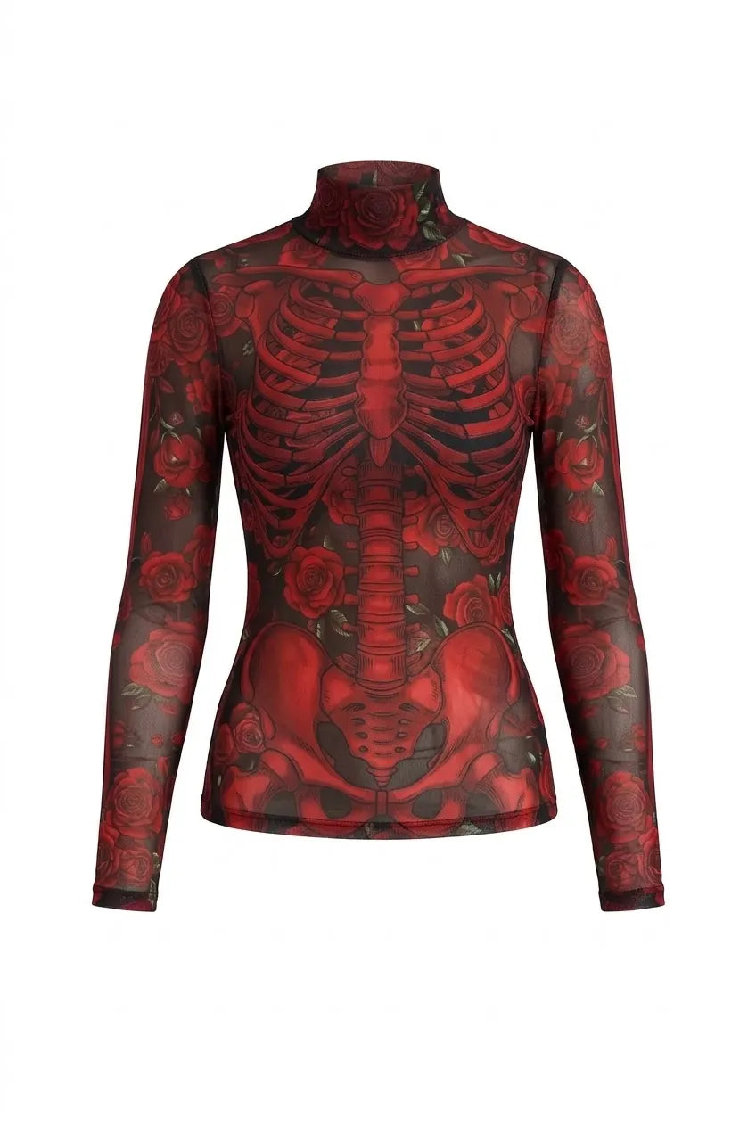 Women's Gothic Skeleton Floral Print Mesh Top Mock Neck Long Sleeve Sheer See Through Slim Fit Blouse Clubwear
