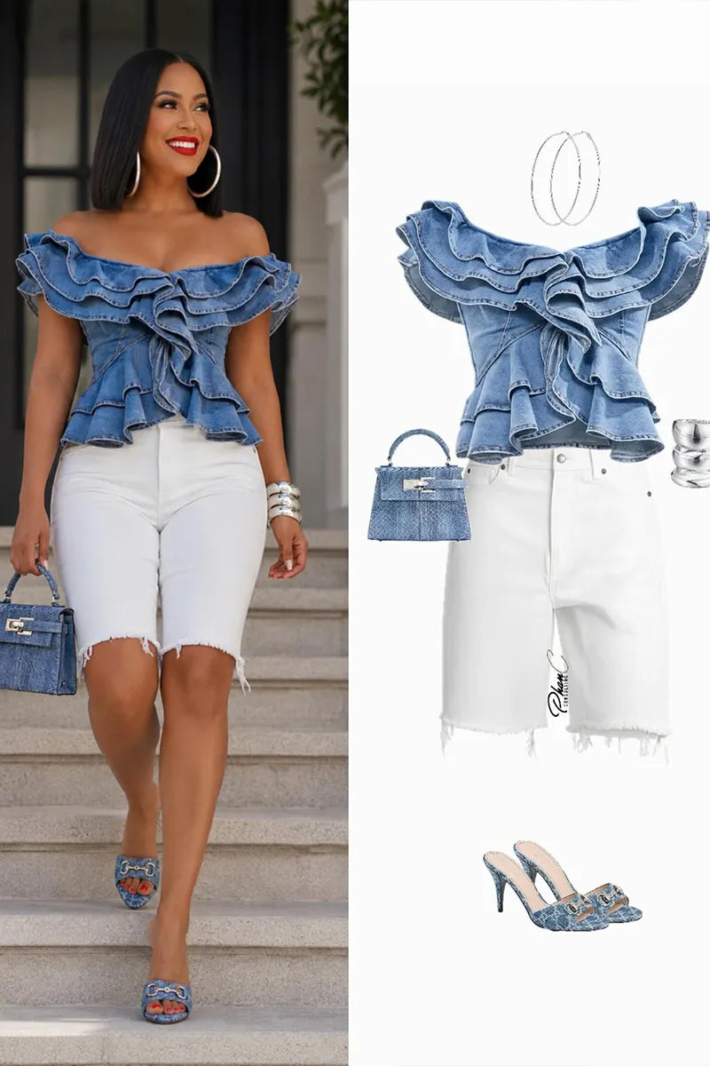 Women'sOff Shoulder Double Ruffle Tie Front Peplum Denim Top Or High Waist Raw Frayed Hem White Denim Bermuda Shorts