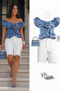 Women'sOff Shoulder Double Ruffle Tie Front Peplum Denim Top Or High Waist Raw Frayed Hem White Denim Bermuda Shorts