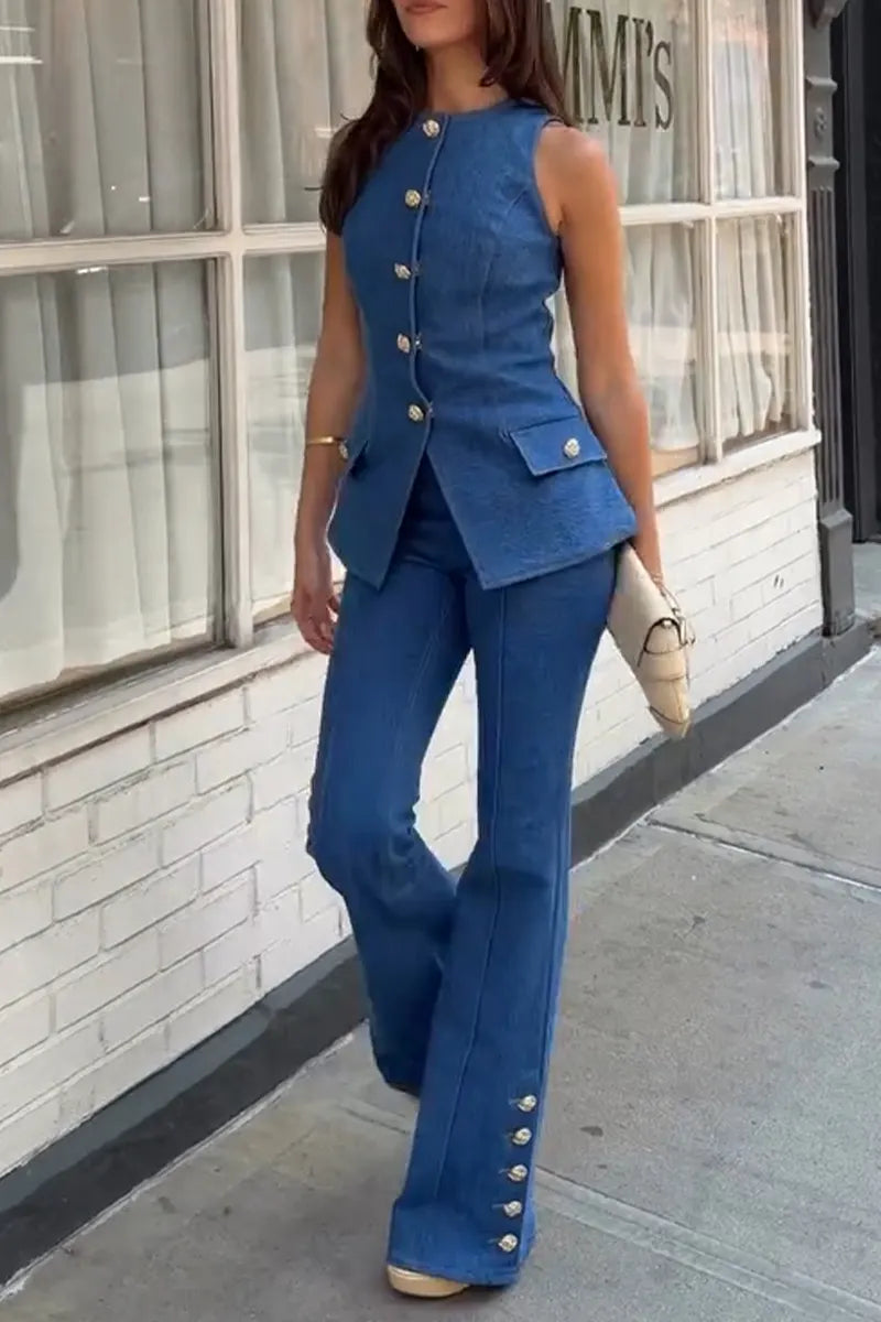 Women's Temperament Casual Round Neck Sleeveless Breasted Denim Top or Jeans