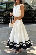 Women's Round Neck Sleeveless Top+ Patchwork Skirt Elegant Casual Set