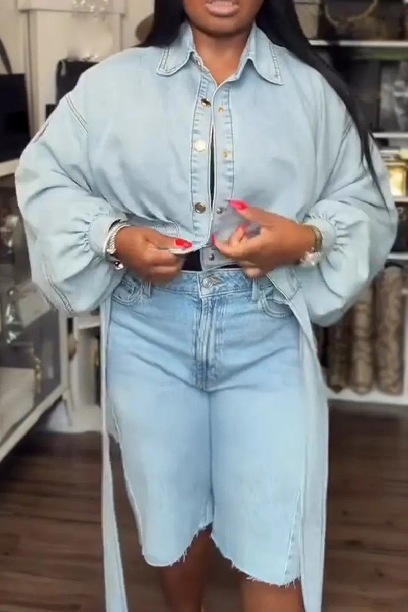 Women's Collar Washed Denim Tie Jacket or Jeans