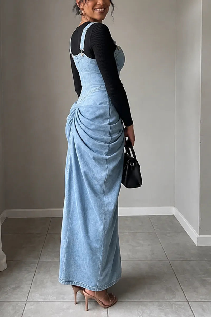 Women's Chic Adjustable Strap Ruched Front Light Blue Denim Maxi Overall Dress