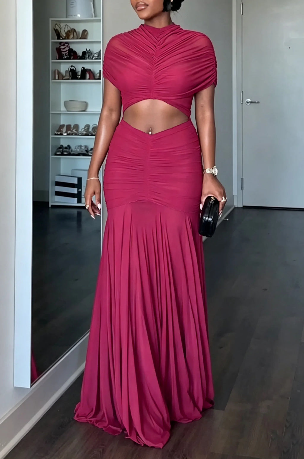 Women's Elegant Party Pleated Cut-Out Decoration Gown Maxi Dress
