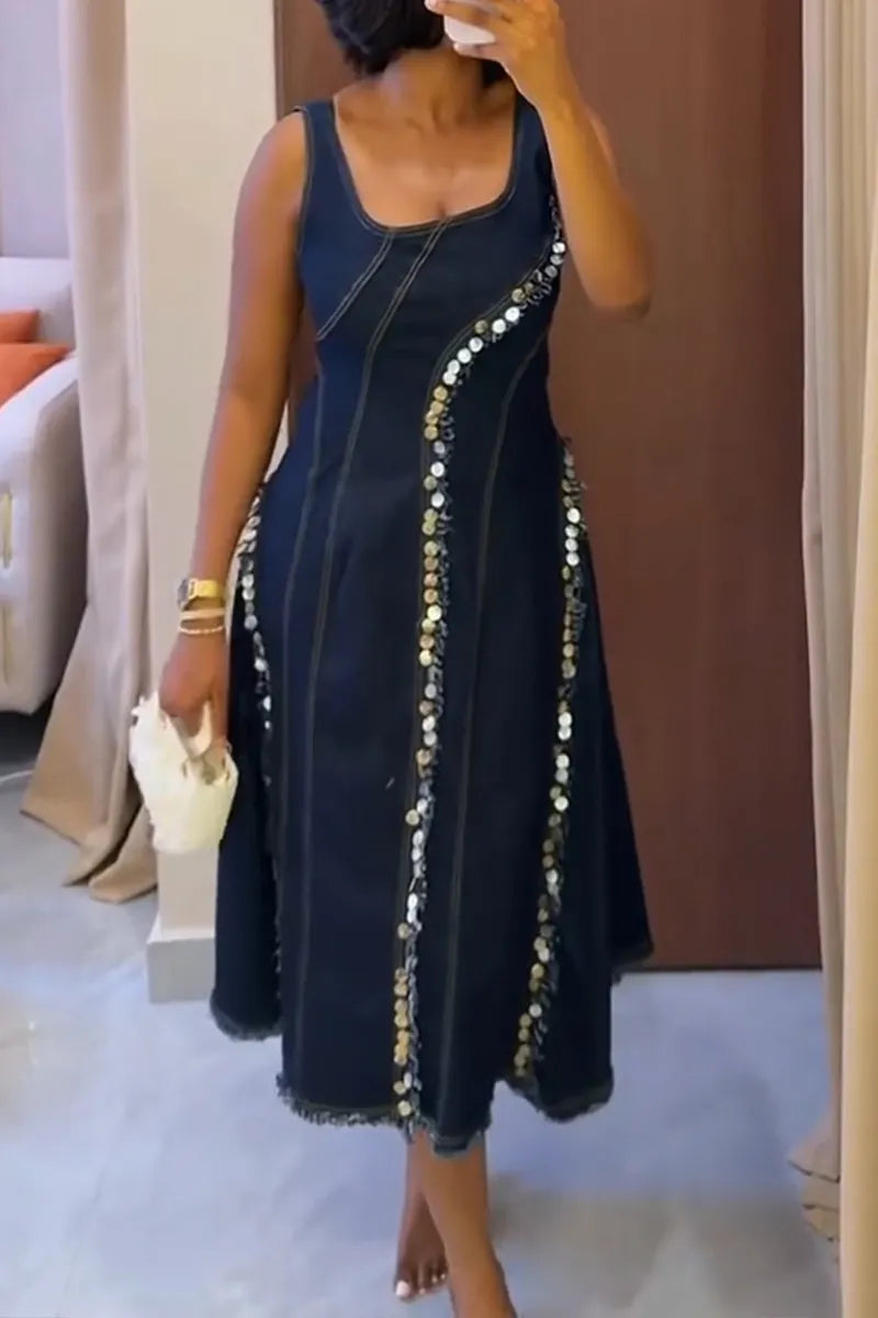 Women's Casual Sequin Decoration Patchwork Denim Midi Dress