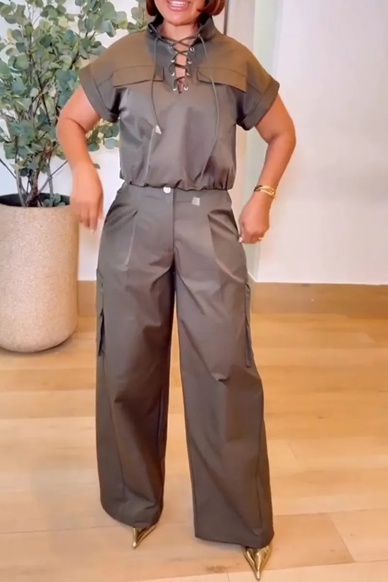 Women's Casual Lace-Up Top Cargo Pants Two-Piece Set